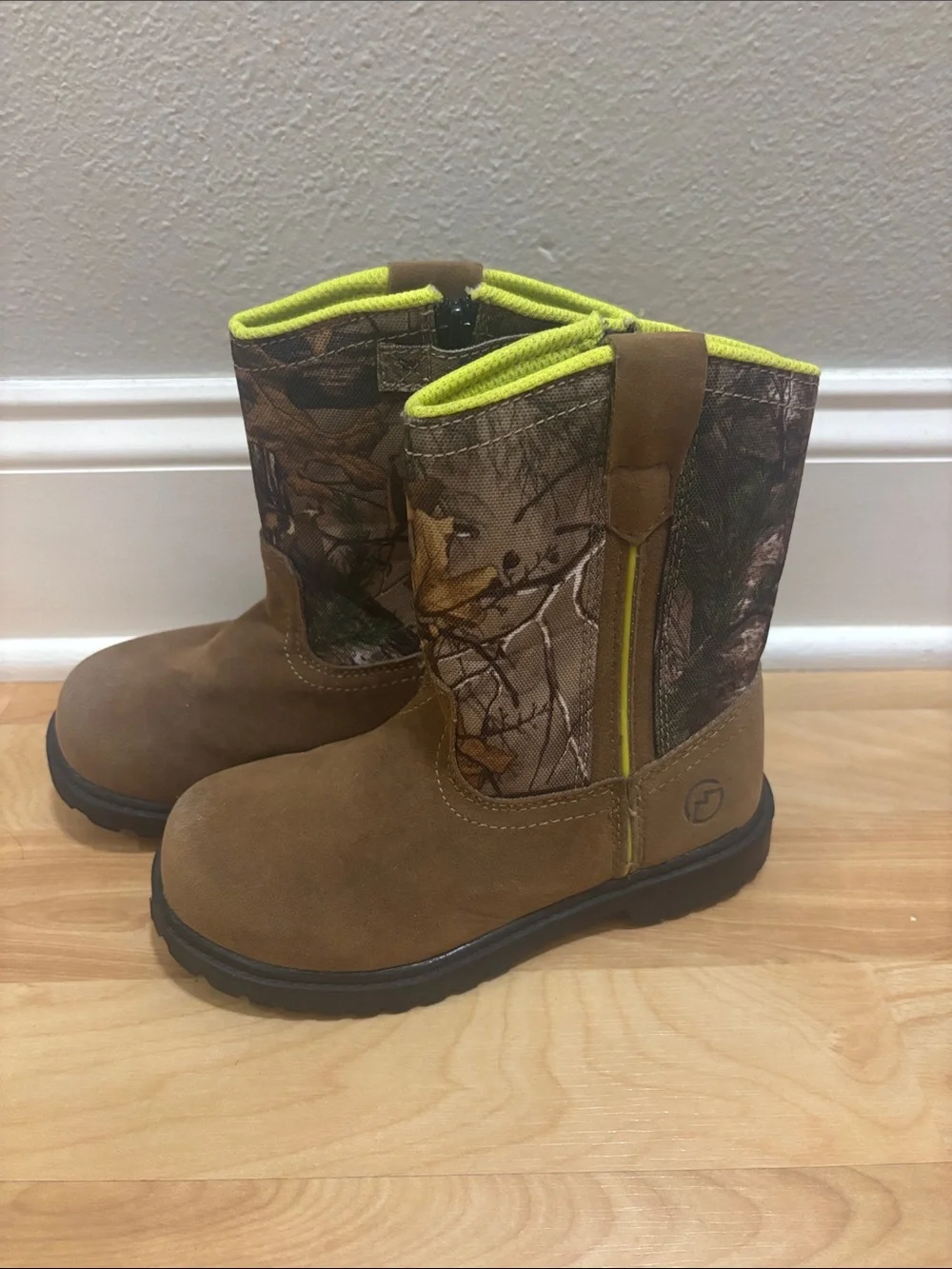 Magellan Outdoors Kids Brown Camo Pull-On Boots with Neon Yellow Trim